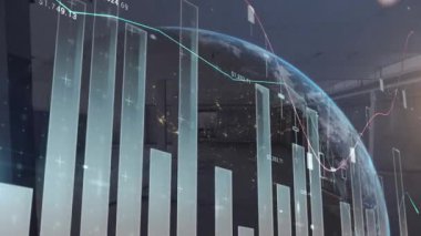 Dünya ve istatistik işleme ve depo animasyonları. küresel gönderim, iş, dijital arayüz, teknoloji ve ağ konsepti dijital olarak oluşturulmuş video.