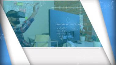 Matematiksel formüllerin vr kulaklık kullanan iş adamlarının üzerinde canlandırılması. küresel bağlantılar, dijital arayüz, teknoloji ve ağ konsepti dijital olarak oluşturulmuş video.