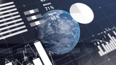 Dünya ve istatistik işleme ve depo animasyonları. küresel gönderim, iş, dijital arayüz, teknoloji ve ağ konsepti dijital olarak oluşturulmuş video.