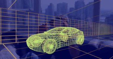 Evdeki VR kulaklık takan adamın üzerine üç boyutlu teknik bir araba çizimi. teknoloji, tasarım ve dijital arayüz kavramı dijital olarak oluşturulmuş video.