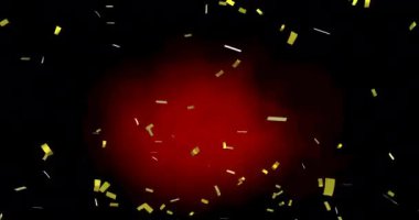 Kırmızı ve siyah arkaplandan düşen altın konfetilerinin animasyonu. kutlama ve parti konsepti dijital olarak oluşturulmuş video.