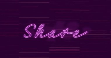 Metnin animasyonu, paylaşımı, pembe neonla, koyu arkaplanda. pozitif duygular ve sosyal medya mesaj konsepti, dijital olarak oluşturulmuş video.