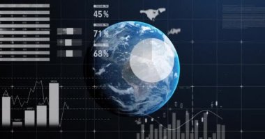 Tüm dünyada istatistik ve finansal veri işleme animasyonları. Küresel iş, dijital arayüz, teknoloji ve ağ konsepti dijital olarak oluşturulmuş video. Bu görüntünün elementleri NASA tarafından desteklenmektedir