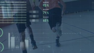 Basketbolcular üzerindeki istatistiklerin animasyonu. küresel bağlantılar, iş dünyası, dijital arayüz, teknoloji ve ağ konsepti dijital olarak oluşturulmuş video.
