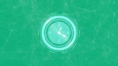 Saat döndürme animasyonu, yeşildeki bağlantılar ağı üzerinden. Küresel iletişim ve veri güvenliği teknolojisi konsepti, dijital olarak üretilen video. Işıklar