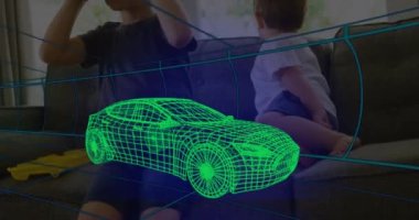 Üç boyutlu teknik araba animasyonu, evdeki VR kulaklık takan çocuğun üzerinde. teknoloji, tasarım ve dijital arayüz kavramı dijital olarak oluşturulmuş video.