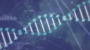 Bağlantı ağlarının üzerindeki DNA iplikçiklerinin animasyonu. küresel bağlantılar, iş dünyası, dijital arayüz, teknoloji ve ağ konsepti dijital olarak oluşturulmuş video.