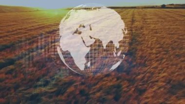 Tarım alanı üzerinde küresel ve finansal veri işleme animasyonu.