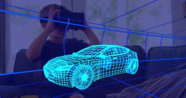 Üç boyutlu teknik araba animasyonu, evdeki VR kulaklık takan çocuğun üzerinde. teknoloji, tasarım ve dijital arayüz kavramı dijital olarak oluşturulmuş video.