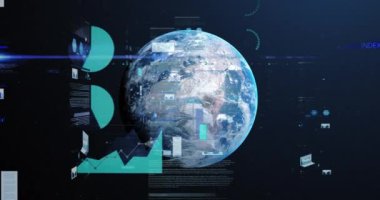 Tüm dünyada istatistik ve finansal veri işleme animasyonları. Küresel iş, dijital arayüz, teknoloji ve ağ konsepti dijital olarak oluşturulmuş video. Bu görüntünün elementleri NASA tarafından desteklenmektedir