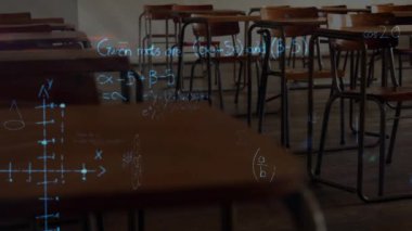 Sınıfın üzerinde matematik formüllerinin animasyonu. küresel çevrimiçi eğitim, dijital arayüz, teknoloji ve bağlantılar konsepti dijital olarak oluşturulmuş video.