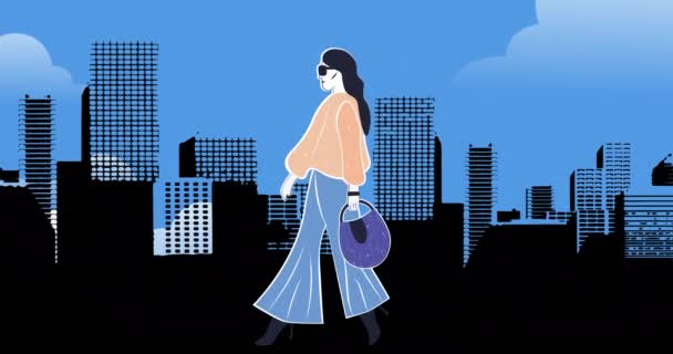 Animación Dibujo Moda Modelo Sobre Cistyscape Sobre Fondo Azul Diseño — Vídeos de Stock