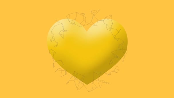 黄色の背景に黄色のハート絵文字上の回転ネットワークのアニメーション ソーシャルメディアお祝いイベント通信ネットワークの概念デジタル生成ビデオ — ストック動画
