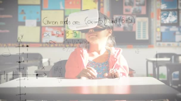 Animation Mathematical Formulas Schoolgirl Using Headset Global Online Education Digital — Stock Video