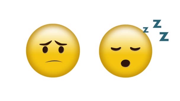 Animación Emojis Tristes Dormidos Sobre Fondo Blanco Medios Sociales Globales — Vídeos de Stock