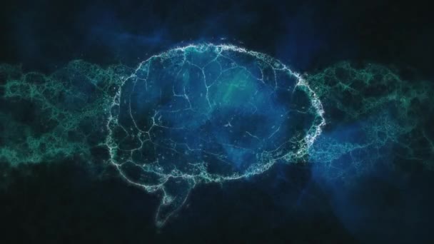 蓝色波浪在黑暗背景下在人脑上的动画 全球连接 数字接口 技术和网络概念 — 图库视频影像