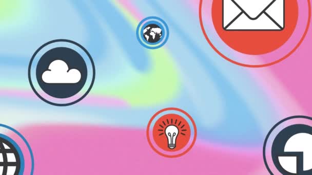 Animación Los Iconos Los Medios Comunicación Sobre Remolino Color Rosa — Vídeos de Stock