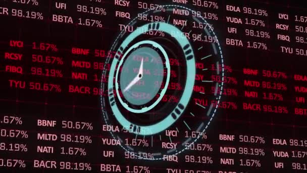 Animacja Zegara Obrotowymi Rękami Nad Interfejsem Informacyjnym Akcji Finansowych Globalne — Wideo stockowe