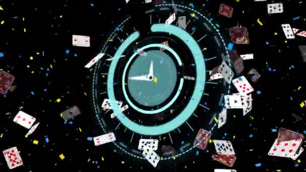 Animación Del Escaneo Del Reloj Del Visor Sobre Confeti Cartas — Vídeo de stock