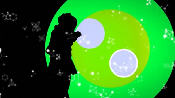 Анімація Молекул Над Жінкою Танцює Пульсуючих Колах Глобальна Музика Втручання — стокове відео