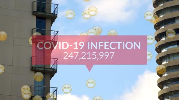 フェイスマスクと街並みと複数の病気の絵文字上のCovid 19データ処理のアニメーション 世界中で流行している19の概念をデジタルで — ストック動画