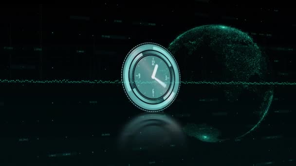 시계의 애니메이션 돌리는 과검은 배경에 네트워크 글로벌 커뮤니케이션 데이터 디지털 — 비디오