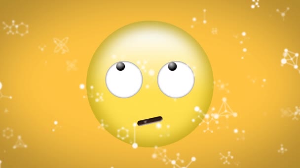 Animace Bílých Síťových Připojení Padající Přes Emoji Rozhlížející Žlutém Pozadí — Stock video