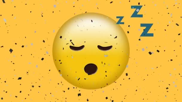 Animation Von Konfetti Das Über Schlafende Emojis Auf Gelbem Hintergrund — Stockvideo