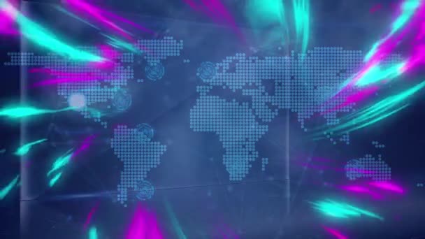 蓝光和粉红光在世界地图和连接网络上的动画 全球通信网络概念数字生成视频 — 图库视频影像