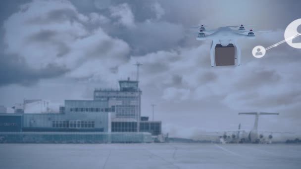 Animazione Della Rete Connessioni Tramite Drone Con Pacco Sopra Aeroporto — Video Stock