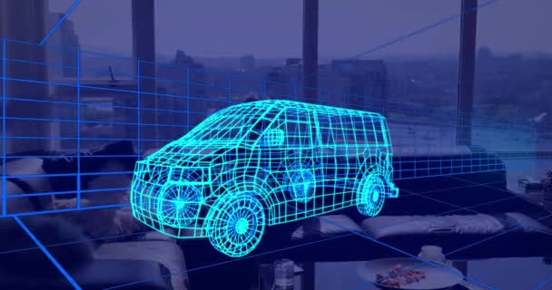 Анімація Технічного Креслення Фургона Над Людиною Вдома Гарнітурі Технологія Дизайн — стокове відео