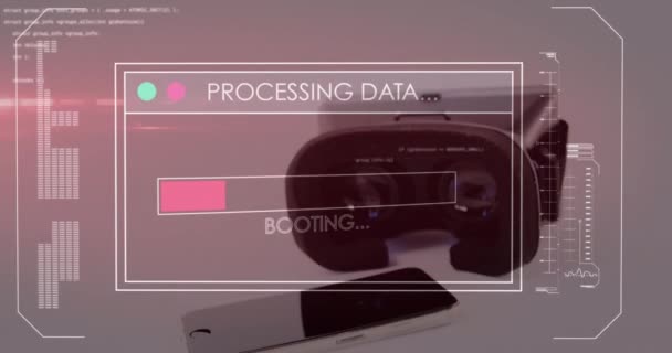 Animação Processamento Dados Tela Sobre Fones Ouvido Comunicação Global Interface — Vídeo de Stock