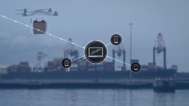 Animação Rede Conexões Sobre Drone Com Parcela Sobre Porto — Vídeo de Stock