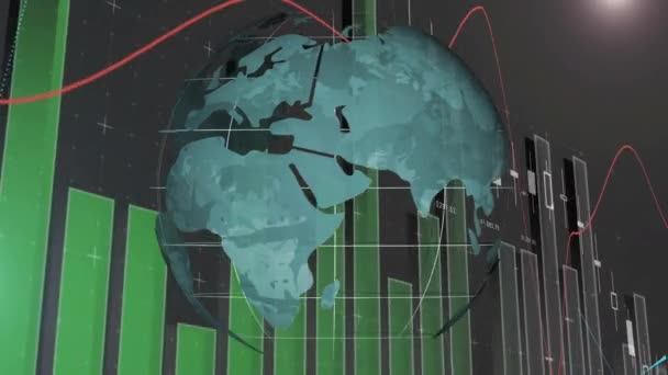 Animación Globo Sobre Procesamiento Estadísticas Negocio Global Interfaz Digital Tecnología — Vídeos de Stock