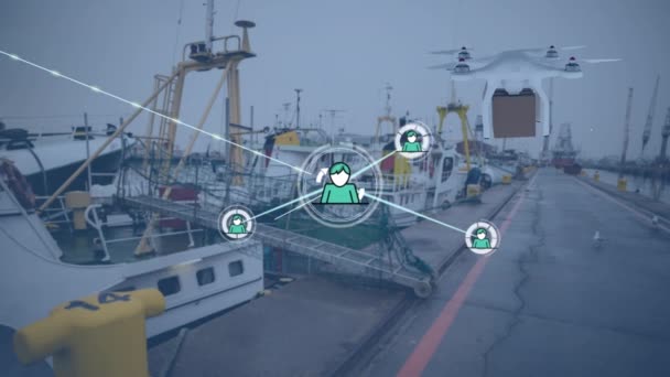 Liman Üzerindeki Parsel Üzerinden Bağlantı Ağının Animasyonu Küresel Gönderim Dijital — Stok video