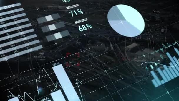 Animation Von Statistiken Und Datenverarbeitung Über Das Stadtbild Globale Datenverarbeitung — Stockvideo