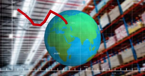 Animation Red Line Processing Globe Warehouse Global Shipping Digital Interface — Stock Video