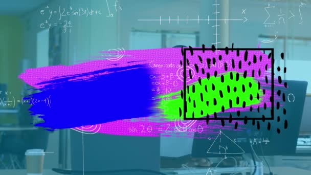 コンピュータを使用してビジネスマンの上にカラフルなブロックや形状のアニメーション 世界規模の接続 デジタルインターフェース テクノロジー ネットワーキングの概念デジタルで生成されたビデオ — ストック動画