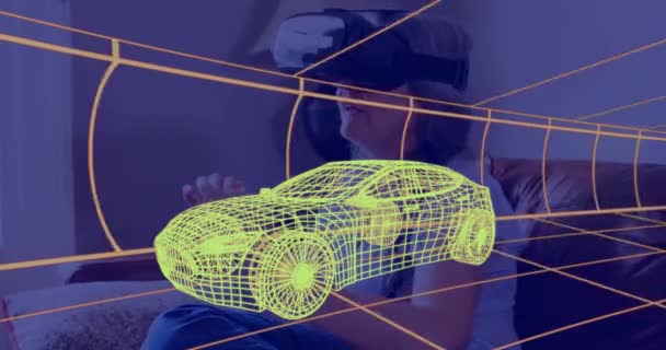 动画3D技术的汽车绘图 妇女在家里头戴Vr耳机 数字视频技术 设计和数字接口概念 — 图库视频影像