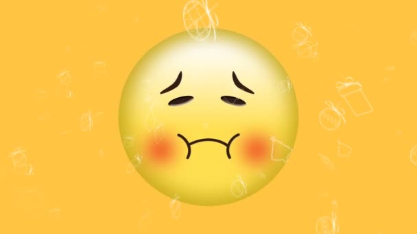 Animação Ícones Natal Branco Caindo Sobre Emoji Triste Envergonhado Fundo — Vídeo de Stock