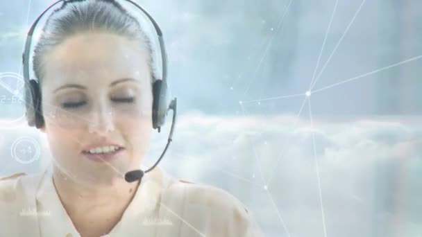 接続のネットワークのアニメーション 電話ヘッドセットを使用してビジネス女性の統計 世界規模の接続 ビジネス デジタルインターフェース テクノロジー ネットワーキングの概念デジタルで生成されたビデオ — ストック動画