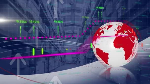 Animation Von Statistiken Und Datenverarbeitung Mit Globus Über Lager Globaler — Stockvideo