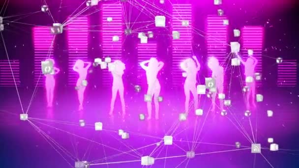 Animation Des Globus Mit Digitalen Icons Über Tanzenden Menschen Und — Stockvideo