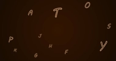 Alfabedeki rastgele harfler uçsuz bucaksız bir boşlukta süzülüyor. Arkaplan koyu kahverengi..