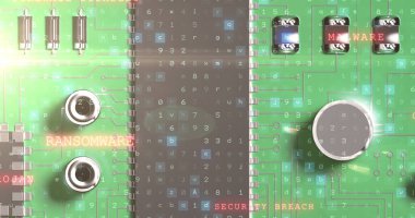 Bilgisayar devre kartında virüs uyarısı ve yeşil arka planda ikili kodlama. dijital arayüz bağlantısı ve dijital olarak oluşturulan iletişim konsepti.