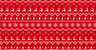 Geleneksel Noel deseninin resmi beyaz ren geyikleri ve yıldızların kırmızı arka planda pürüzsüz bir döngü içinde hareket etmesi. Noel şenlik geleneği konsepti dijital olarak oluşturulmuş görüntü.