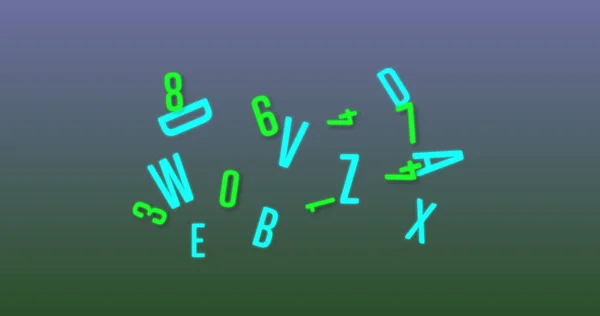 Números Aleatórios Néon Alfabetos Movendo Mudando Contra Gradiente Azul Verde — Fotografia de Stock