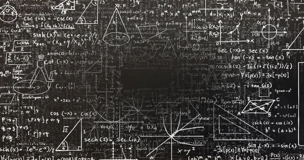 Siyah Arkaplana Karşı Hareket Eden Matematiksel Denklemlerin Diyagramların Dijital Görüntüsü — Stok fotoğraf
