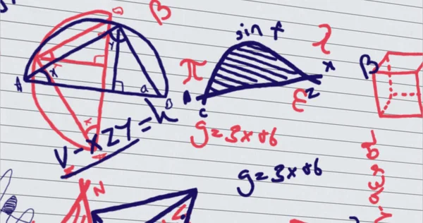 Imagen Múltiples Ecuaciones Matemáticas Rojo Azul Dibujadas Páginas Cuaderno Alineado —  Fotos de Stock