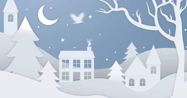 Image Winter Scenery Snow Covered Landscape House Trees Crescent Moon — Stock Photo, Image